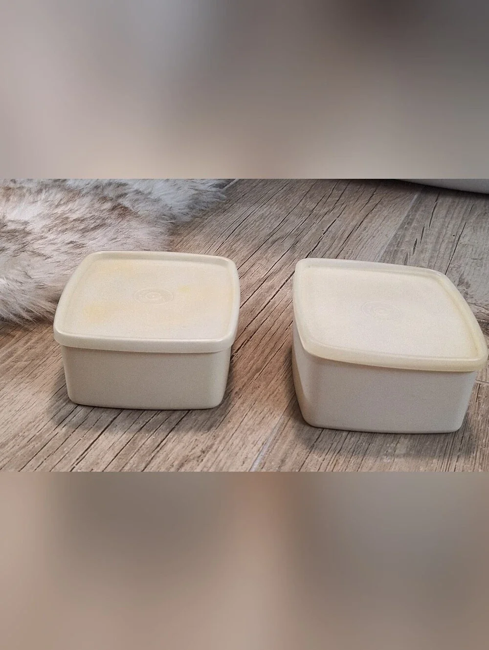 Vintage Tupperware Set of 2 Square Storage Containers with Lids Almond Beige